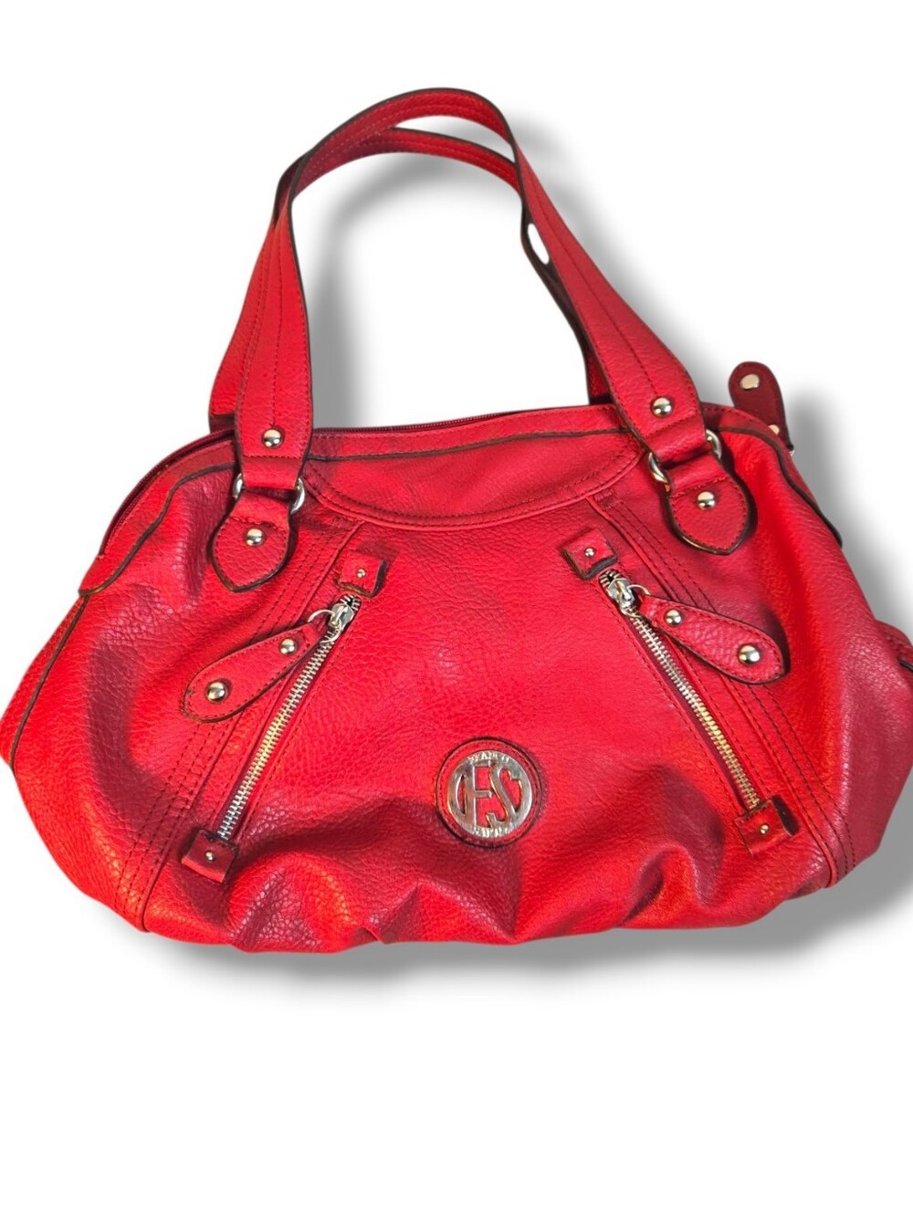 Franco Sarto Red Leather Satchel, FS Logo, Multi‑Zip Front, Classic Shoulder Bag